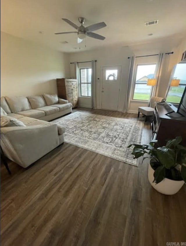 living area with ceiling fan, visible vents, and dark wood finished floors