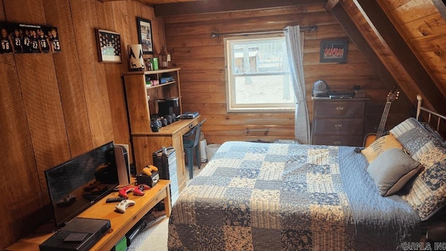 bedroom with wooden walls