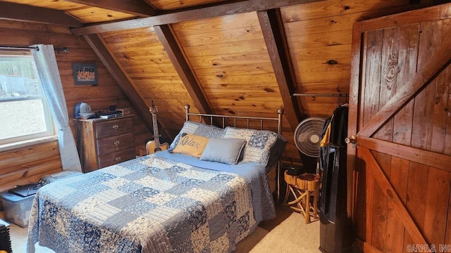 bedroom with vaulted ceiling with beams, wood ceiling, and wood walls