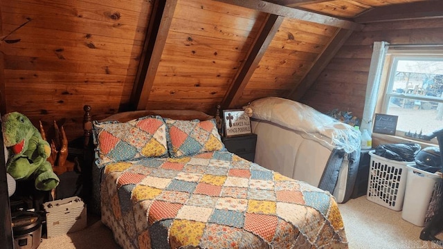 carpeted bedroom with lofted ceiling with beams, wood walls, and wooden ceiling