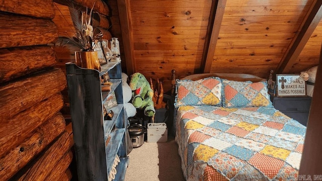 unfurnished bedroom featuring carpet, beam ceiling, and log walls
