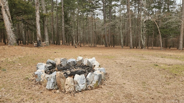 view of yard featuring a fire pit and a forest view