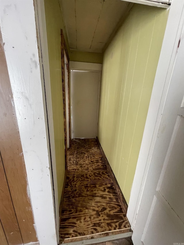 hallway featuring wooden walls