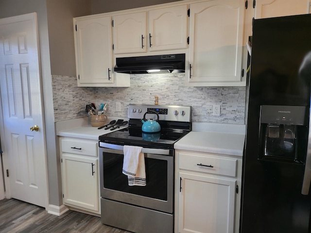 kitchen with electric range, decorative backsplash, black fridge with ice dispenser, light countertops, and under cabinet range hood