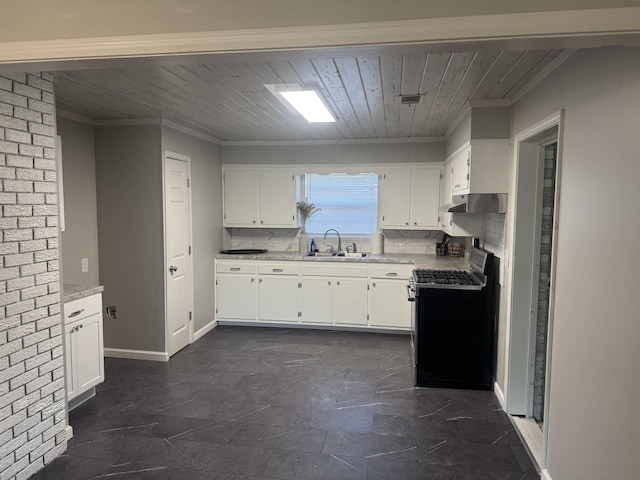 kitchen featuring wood ceiling, stainless steel range with gas stovetop, backsplash, white cabinetry, and a sink