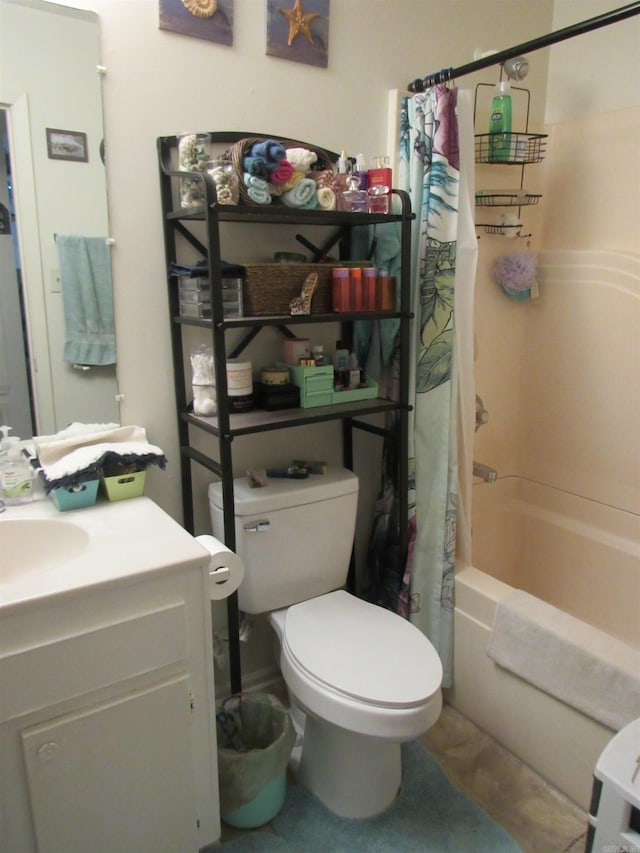 full bath featuring shower / bath combination with curtain, toilet, and vanity