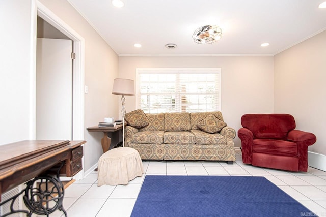 tiled living area featuring recessed lighting, visible vents, crown molding, and baseboards