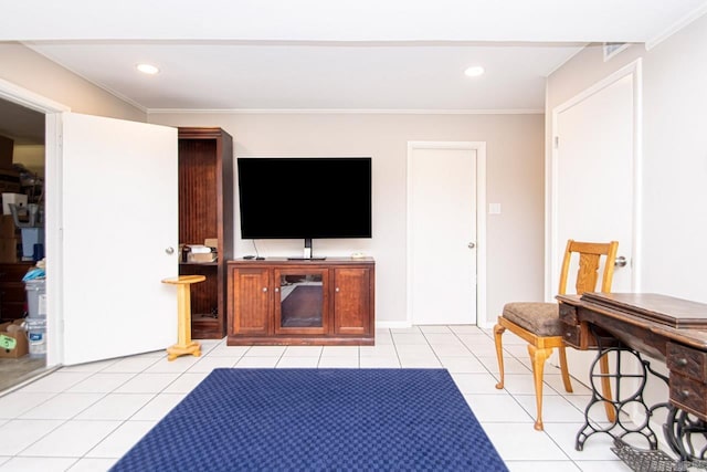 living area with light tile patterned floors, recessed lighting, and crown molding