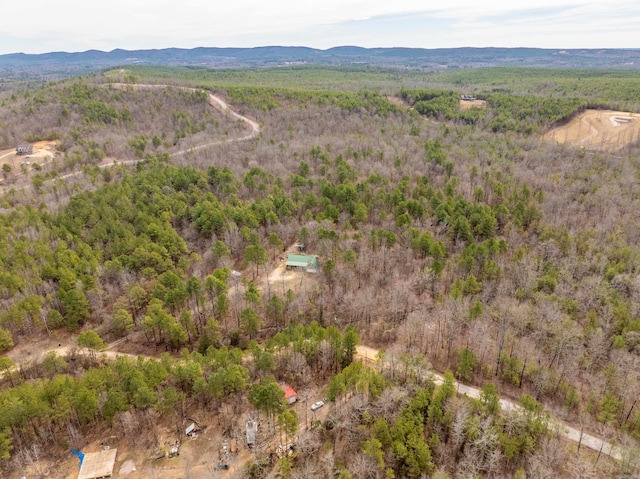 aerial view featuring a mountain view and a wooded view