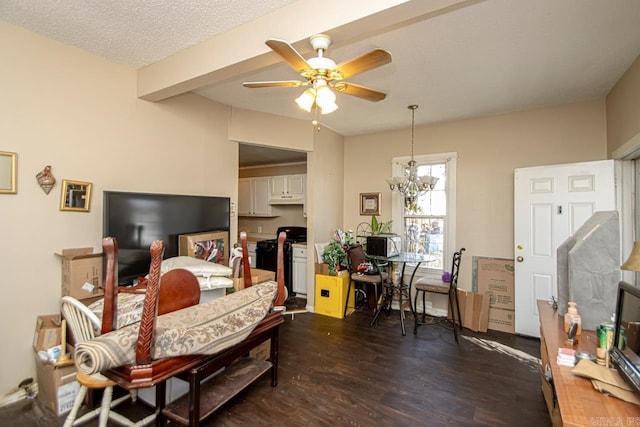 bedroom featuring dark wood-type flooring, beam ceiling, a notable chandelier, and a textured ceiling