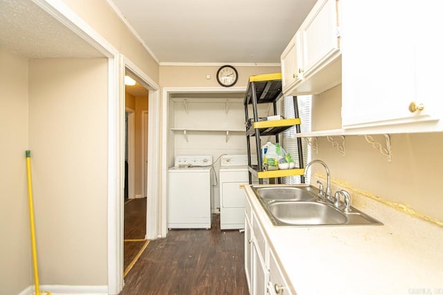 kitchen with washing machine and clothes dryer, a sink, white cabinetry, open shelves, and dark wood finished floors