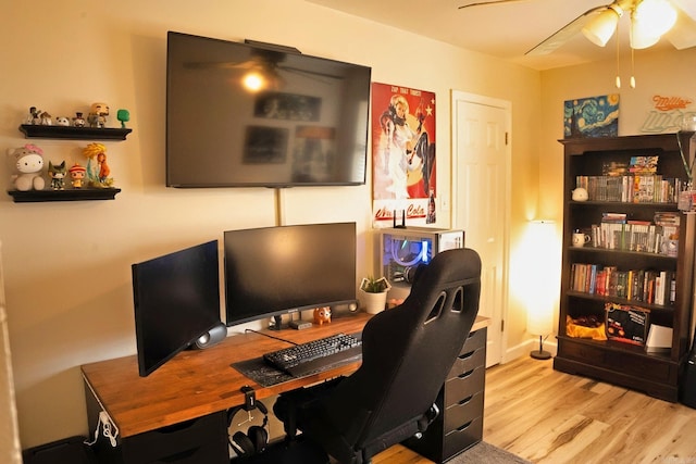 office area featuring ceiling fan and wood finished floors