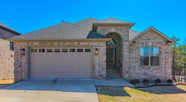 french country inspired facade featuring a shingled roof, concrete driveway, brick siding, and an attached garage