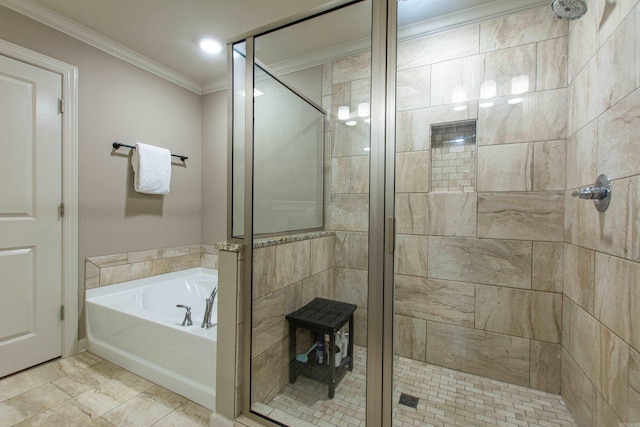 bathroom featuring a shower stall, ornamental molding, and a bath