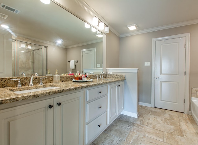 full bath with ornamental molding, a stall shower, a sink, and visible vents