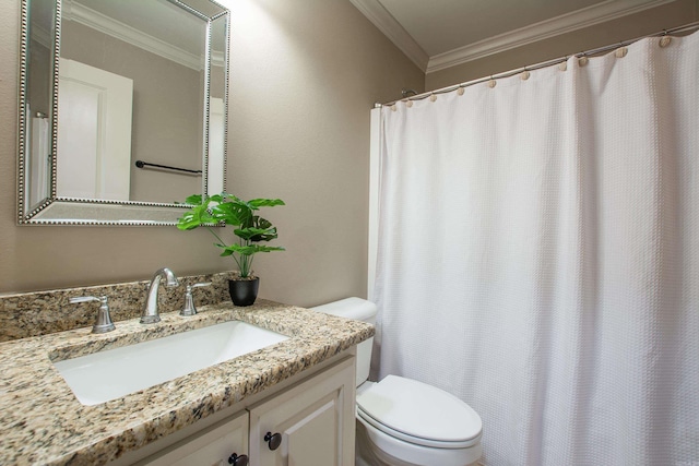 bathroom with toilet, curtained shower, crown molding, and vanity