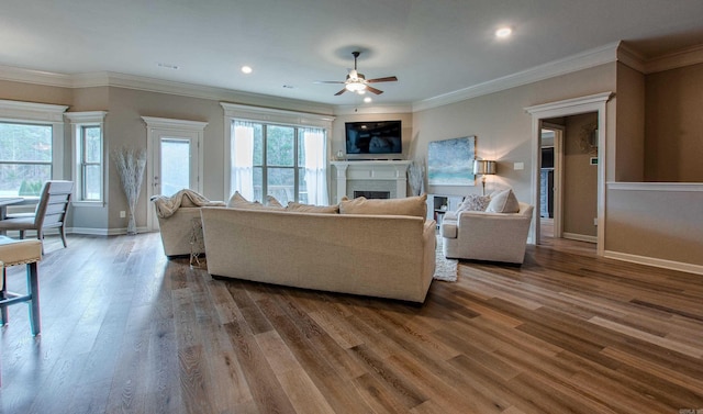 living room with crown molding, a fireplace, wood finished floors, and baseboards