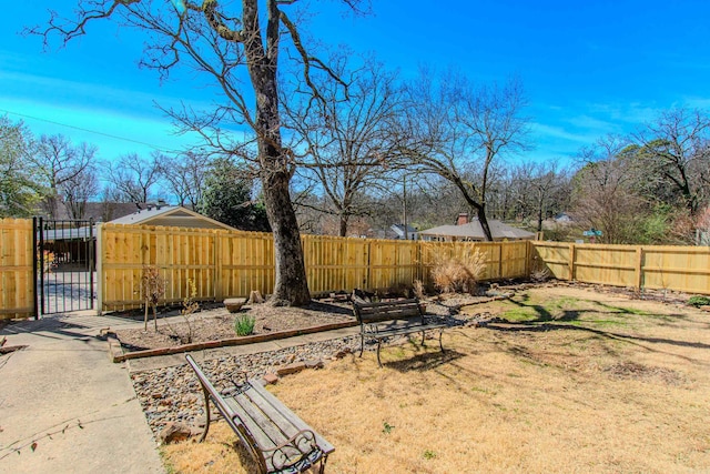 view of yard with a fenced backyard and a gate