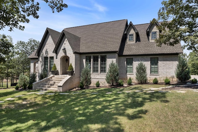 view of front of house with brick siding, roof with shingles, and a front yard