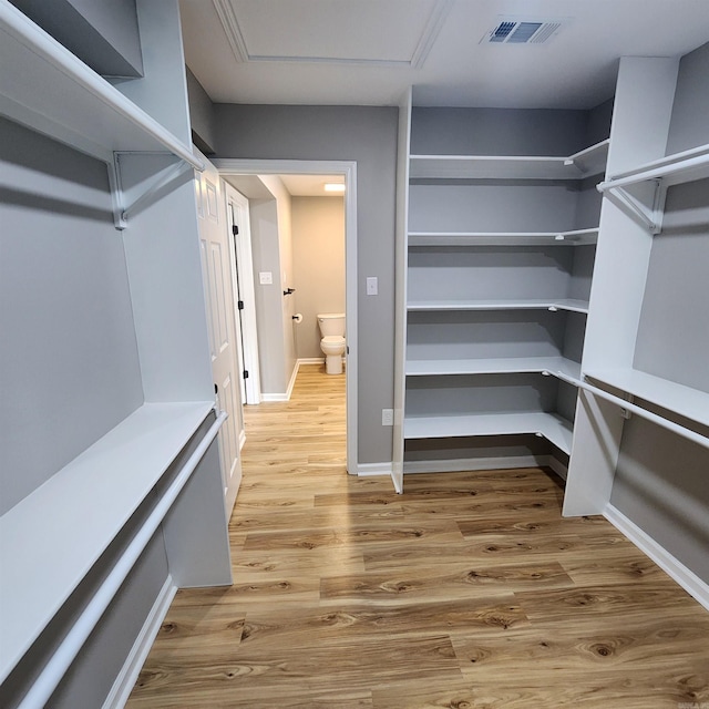 walk in closet with light wood-type flooring, attic access, and visible vents