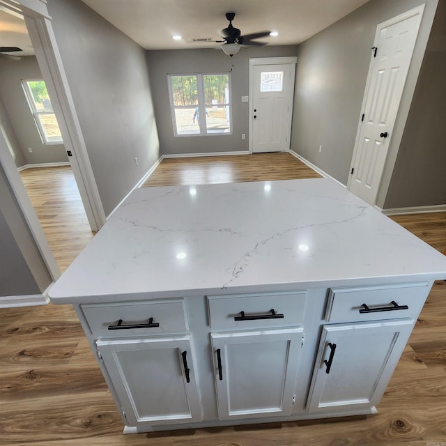 kitchen with plenty of natural light, wood finished floors, a ceiling fan, and a center island