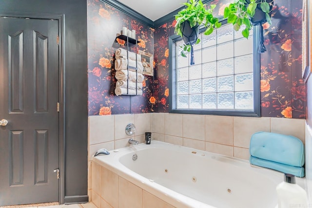 bathroom featuring a jetted tub and wallpapered walls