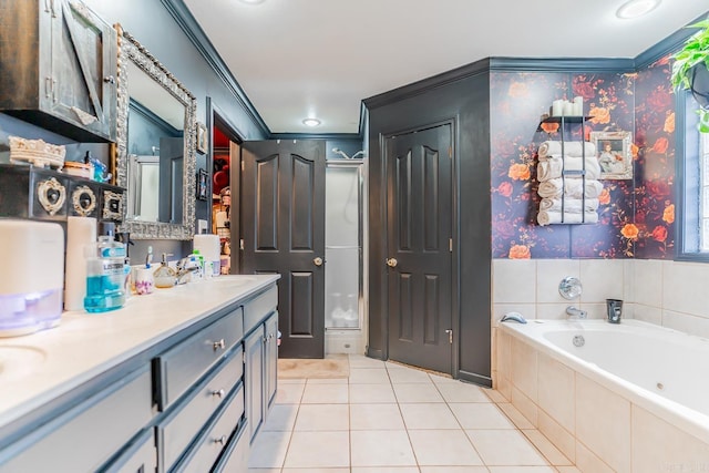 full bathroom featuring wallpapered walls, ornamental molding, vanity, a bath, and tile patterned floors