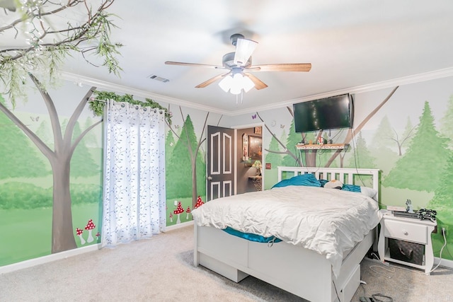 carpeted bedroom featuring ceiling fan, ornamental molding, and visible vents