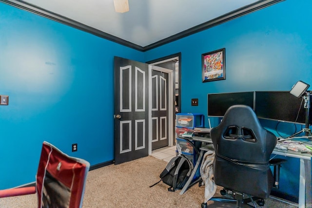 carpeted office space featuring ornamental molding