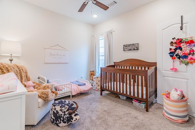 bedroom featuring carpet floors, recessed lighting, visible vents, and a ceiling fan