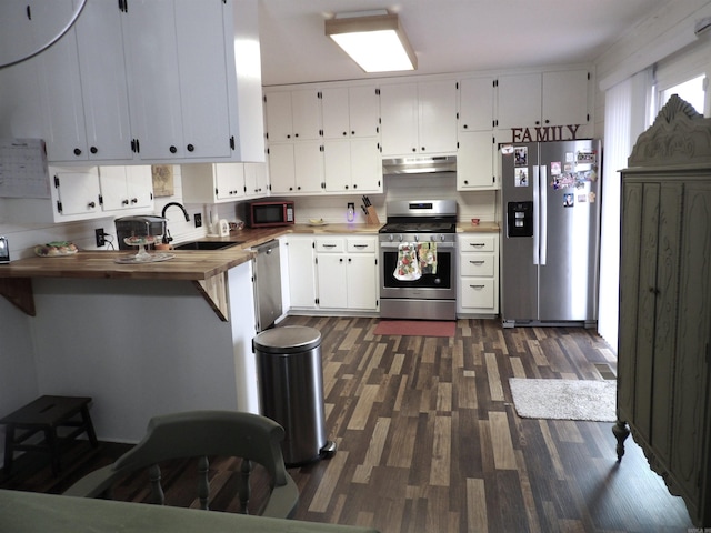 kitchen with white cabinets, wood counters, appliances with stainless steel finishes, under cabinet range hood, and a sink