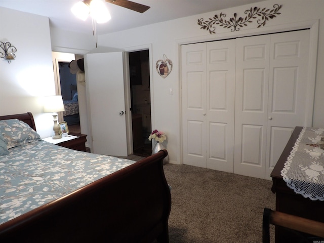 carpeted bedroom featuring a ceiling fan and a closet