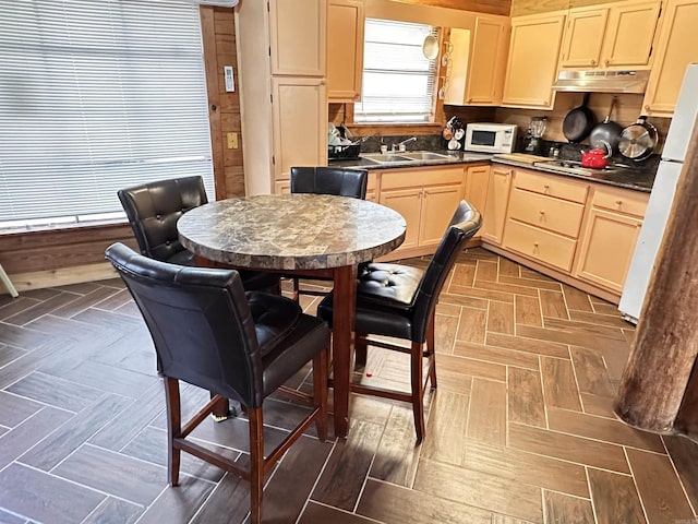 kitchen featuring stainless steel gas cooktop, under cabinet range hood, a sink, dark countertops, and white microwave
