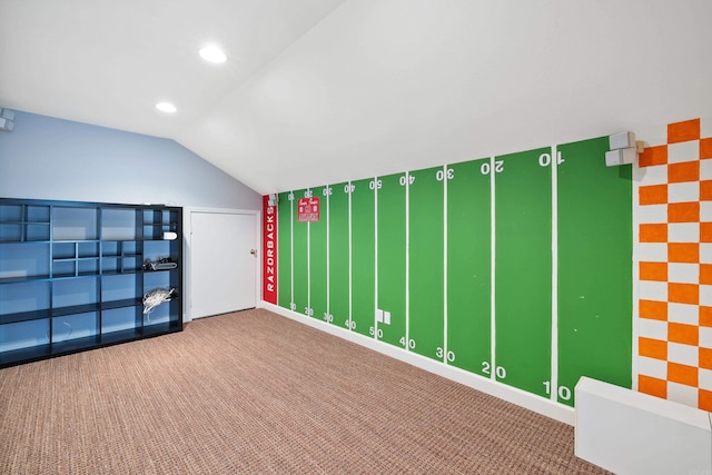 bonus room featuring carpet, vaulted ceiling, and recessed lighting