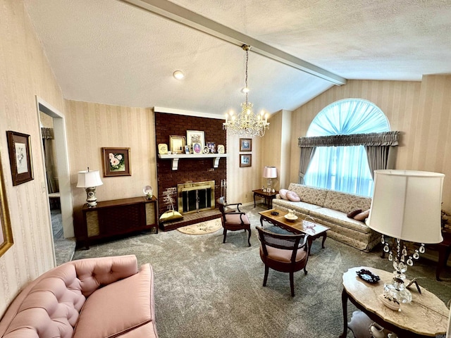 312 State St, Dardanelle, AR 72834 - living area with wallpapered walls, lofted ceiling with beams, a textured ceiling, carpet floors, and a fireplace