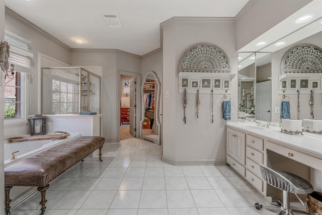 full bath with visible vents, tile patterned floors, a garden tub, crown molding, and a shower stall