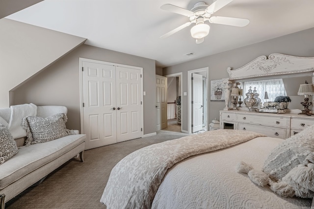 bedroom with ceiling fan, light colored carpet, visible vents, baseboards, and a closet