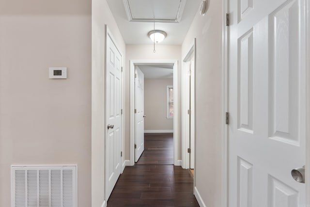 3215 Katherine St, Little Rock, AR 72204 - hall featuring attic access, baseboards, visible vents, and dark wood-type flooring