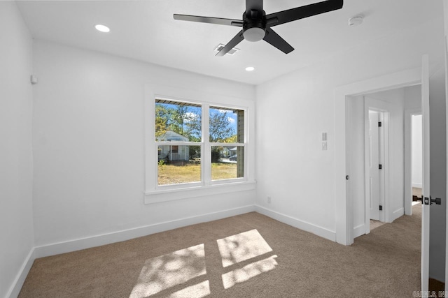 unfurnished room featuring carpet, baseboards, ceiling fan, and recessed lighting