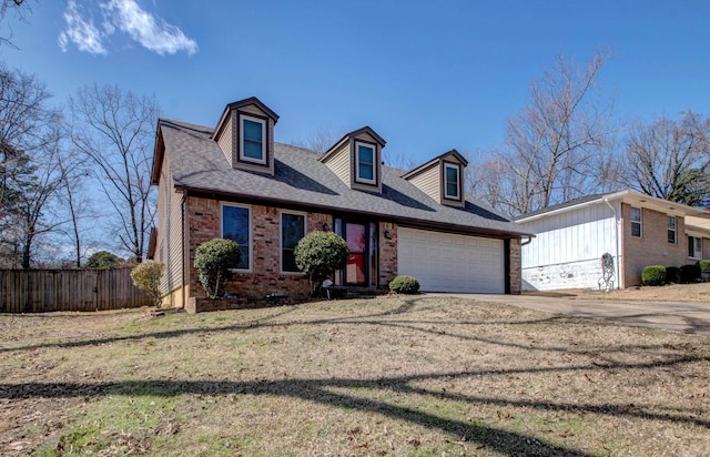 cape cod home featuring a garage, brick siding, a shingled roof, fence, and driveway