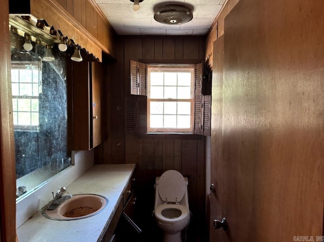 bathroom with wooden walls, toilet, and vanity