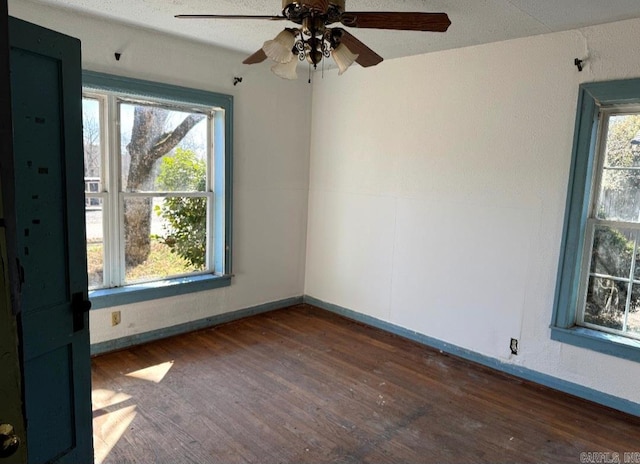 empty room featuring a healthy amount of sunlight, baseboards, and wood finished floors