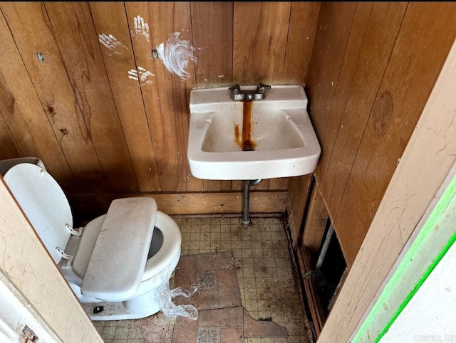 half bathroom featuring toilet, wood walls, and a sink