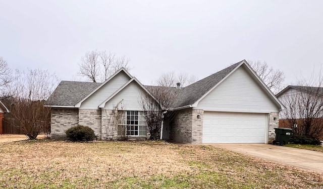 ranch-style house featuring driveway, brick siding, roof with shingles, and an attached garage