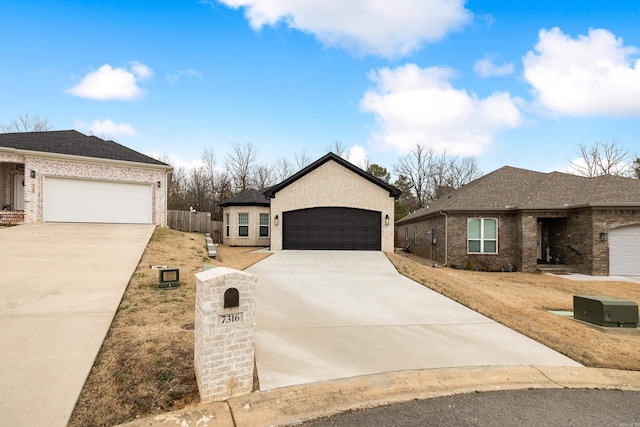 ranch-style home featuring a garage, brick siding, and a shingled roof