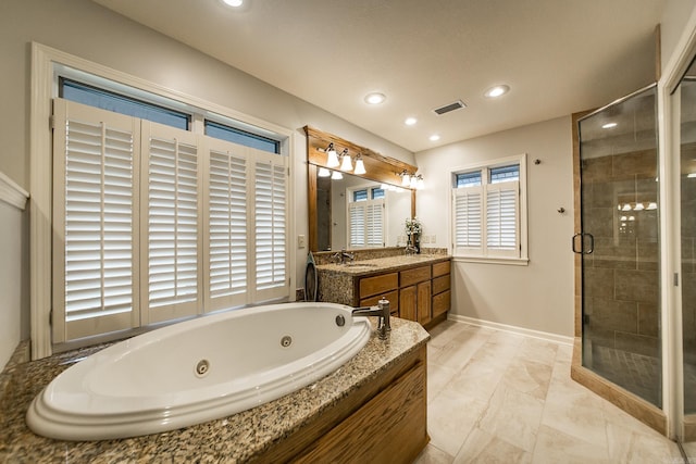 bathroom with recessed lighting, vanity, visible vents, a shower stall, and a tub with jets