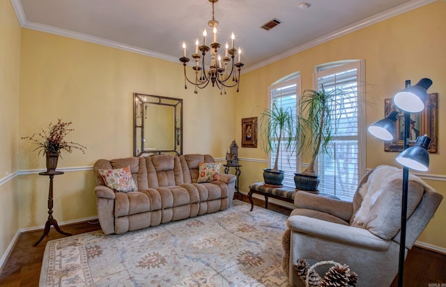 living area featuring ornamental molding, visible vents, and baseboards