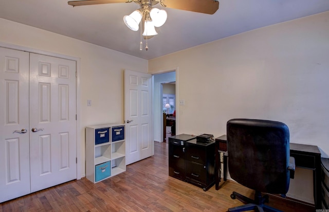 office area featuring ceiling fan and wood finished floors