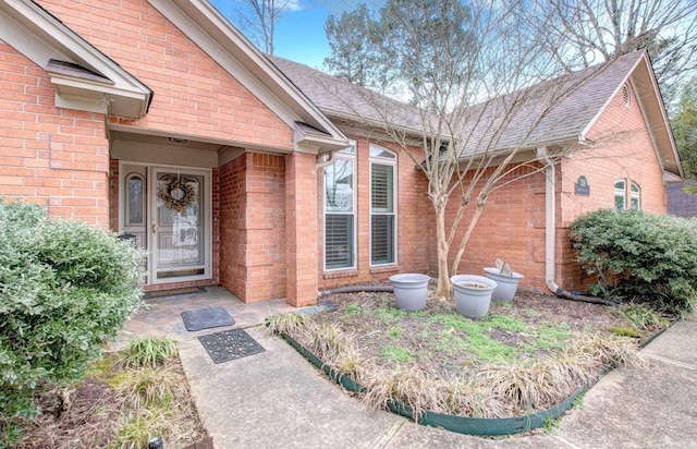 view of exterior entry featuring brick siding and roof with shingles