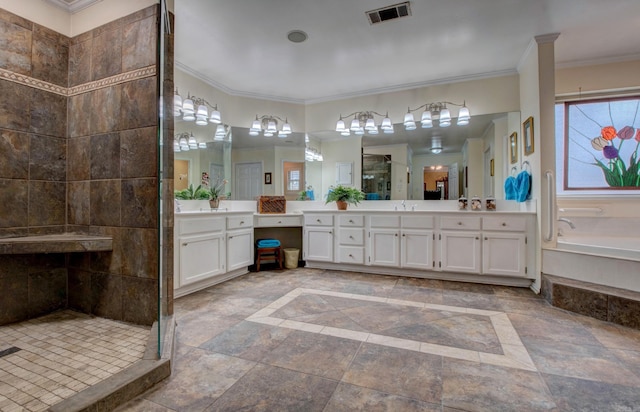 bathroom featuring a stall shower, visible vents, ornamental molding, vanity, and a bath